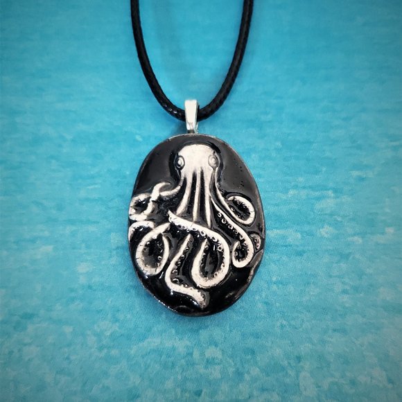Handmade Ceramic Black Octopus Kraken Pendant Necklace - Picture 14 of 14
